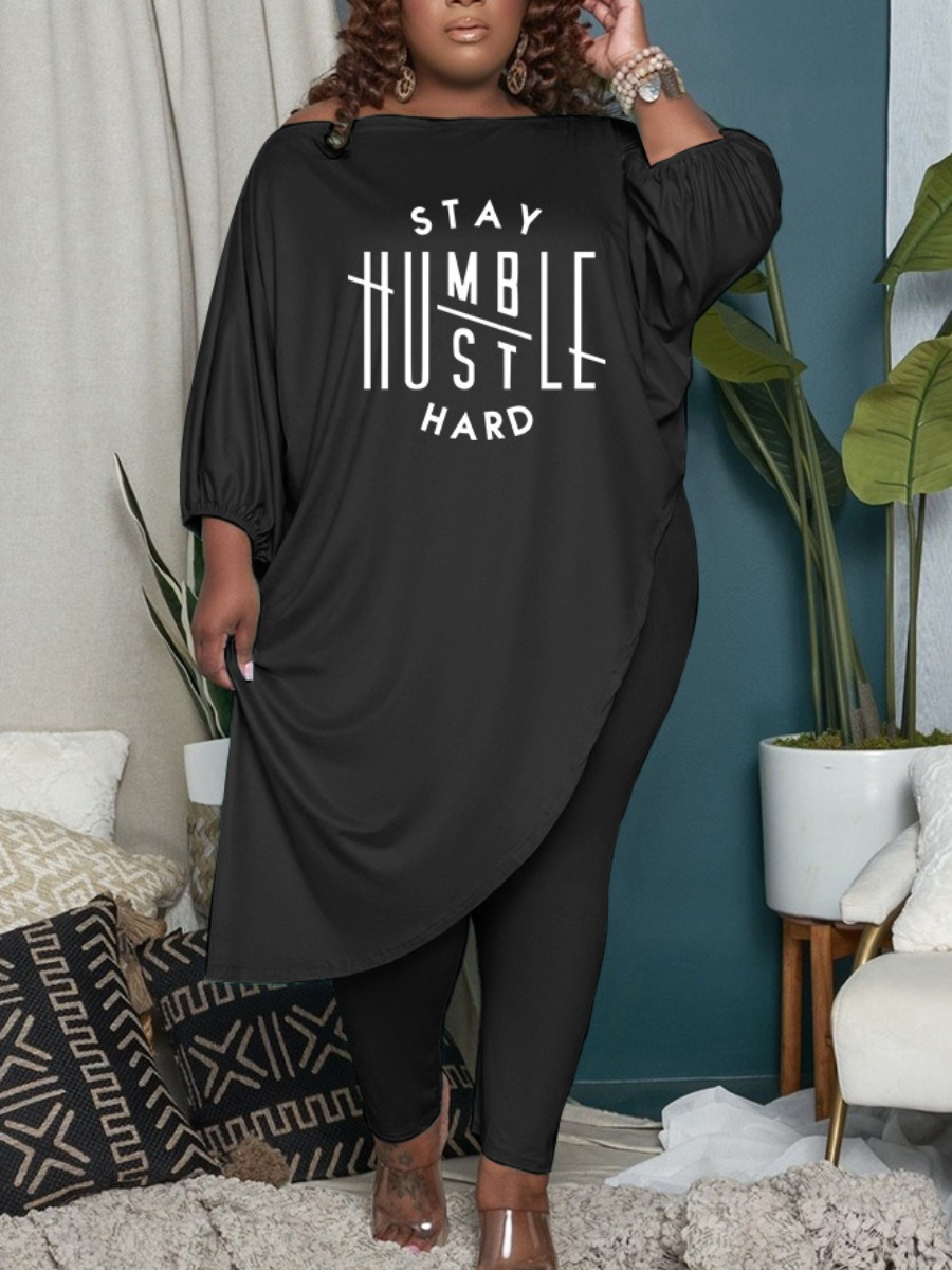 

LW Plus Size Letter Print Asymmetrical Pants Set, Black