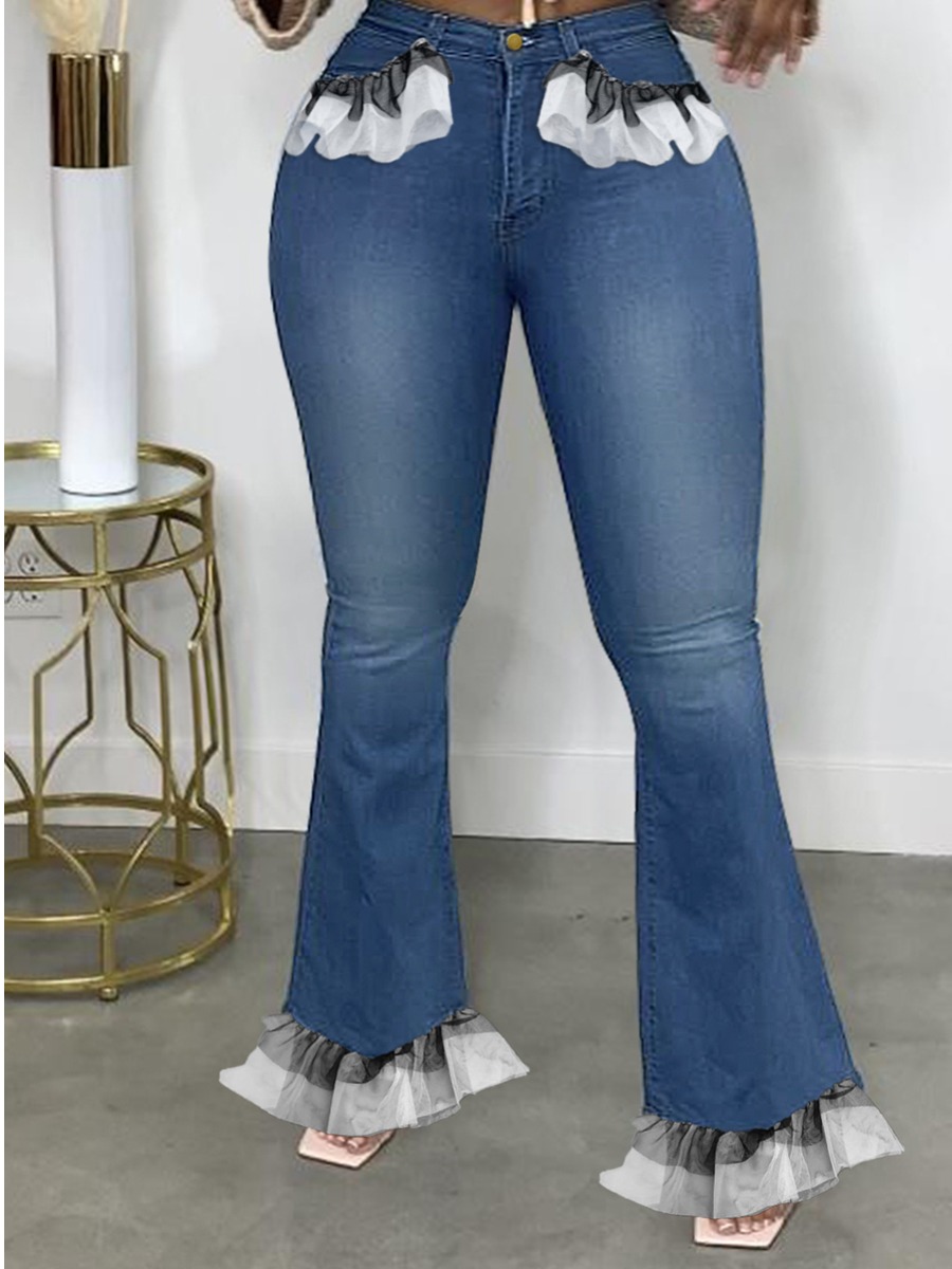 

LW Plus Size Flounce Design Flared Jeans, Blue