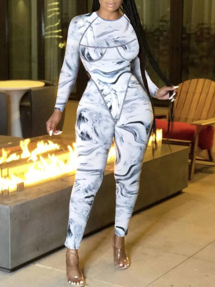 

LW Round Neck Tie-dye Jumpsuit, White