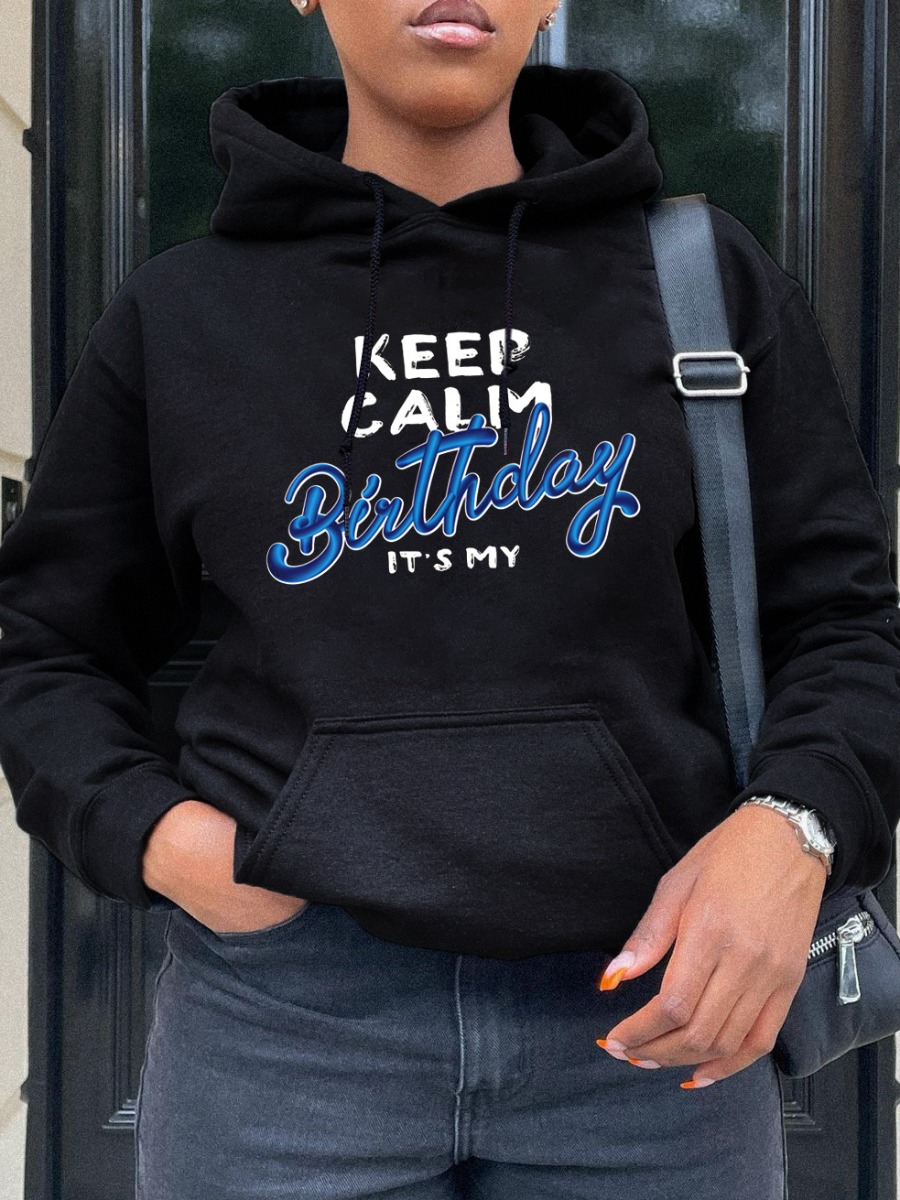 

LW Letter Print Kangaroo Pocket Hoodie, Black