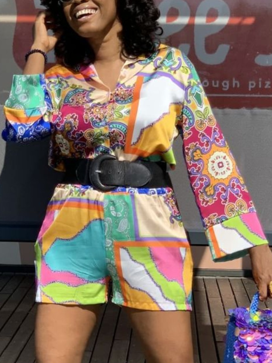 

LW Turndown Collar Mixed Print Shorts Set (Without Belt), Multi