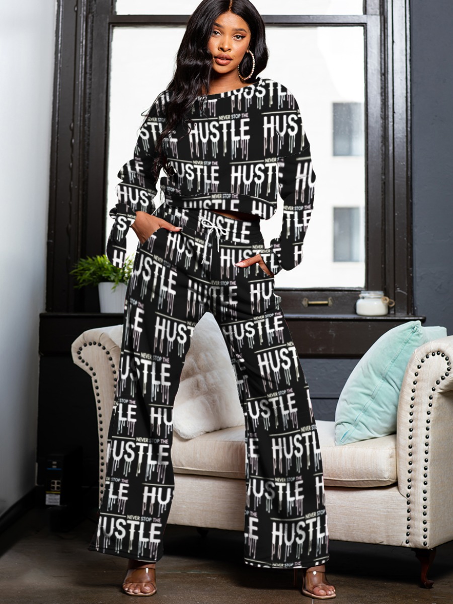

LW Letter Print Wide Leg Cropped Pants Set, Black