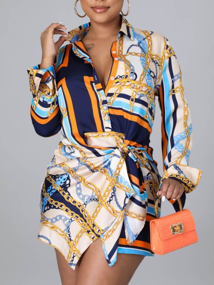 LW Chain Print Bandage Design Shirt Dress