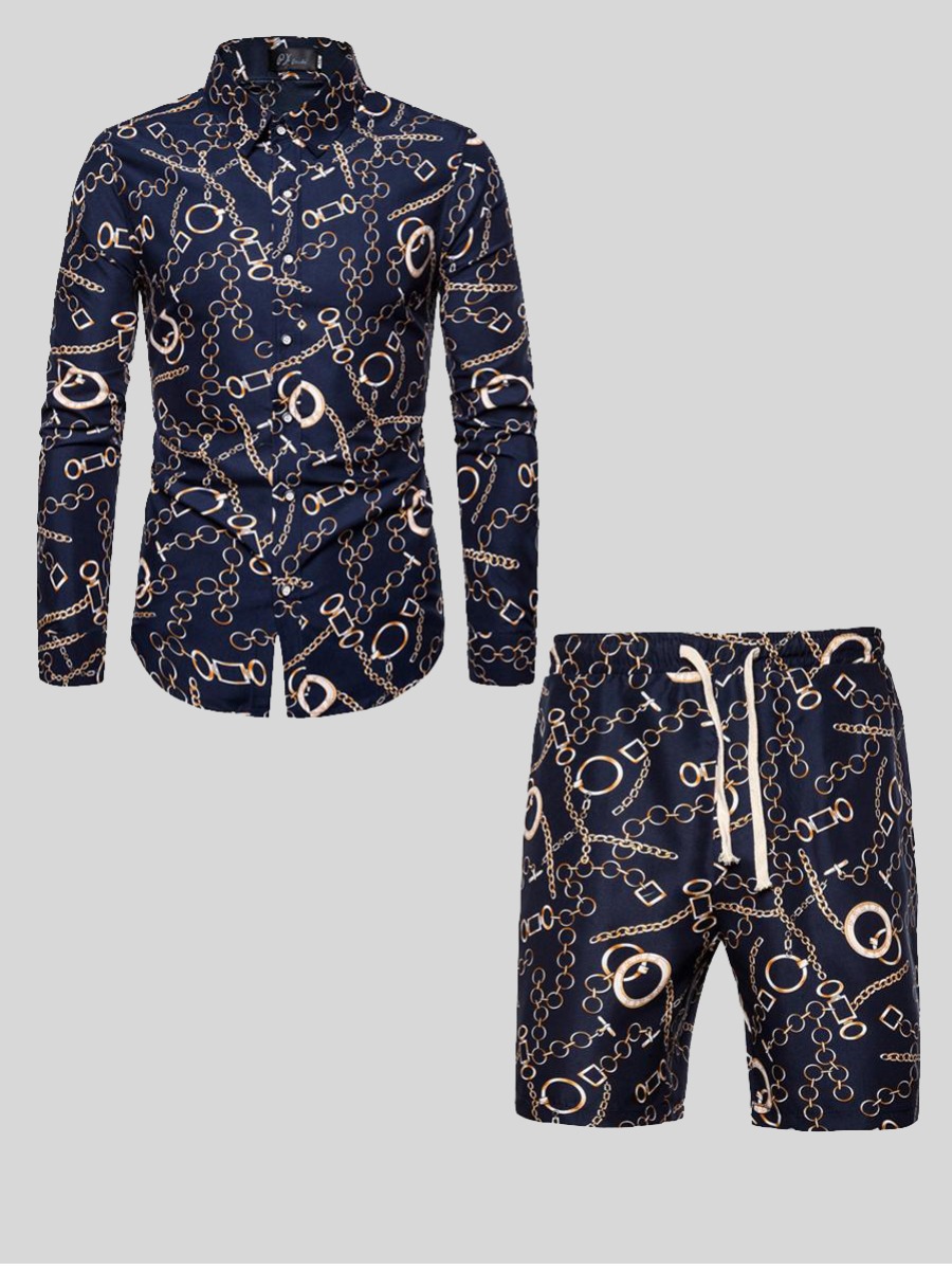 

LW Men Mixed Print Drawstring Shorts Set, Navy blue