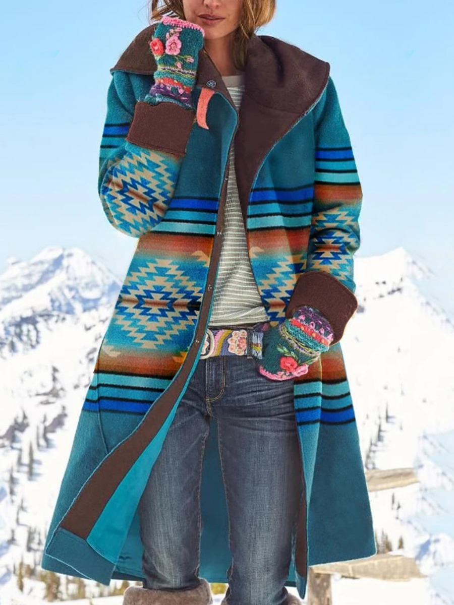 

LW Hooded Collar Geometric Print Wool, Blue