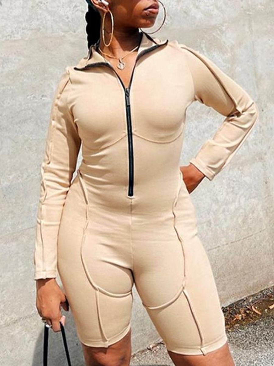 

LW Zipper Design Basic Skinny Shorts Set, Khaki