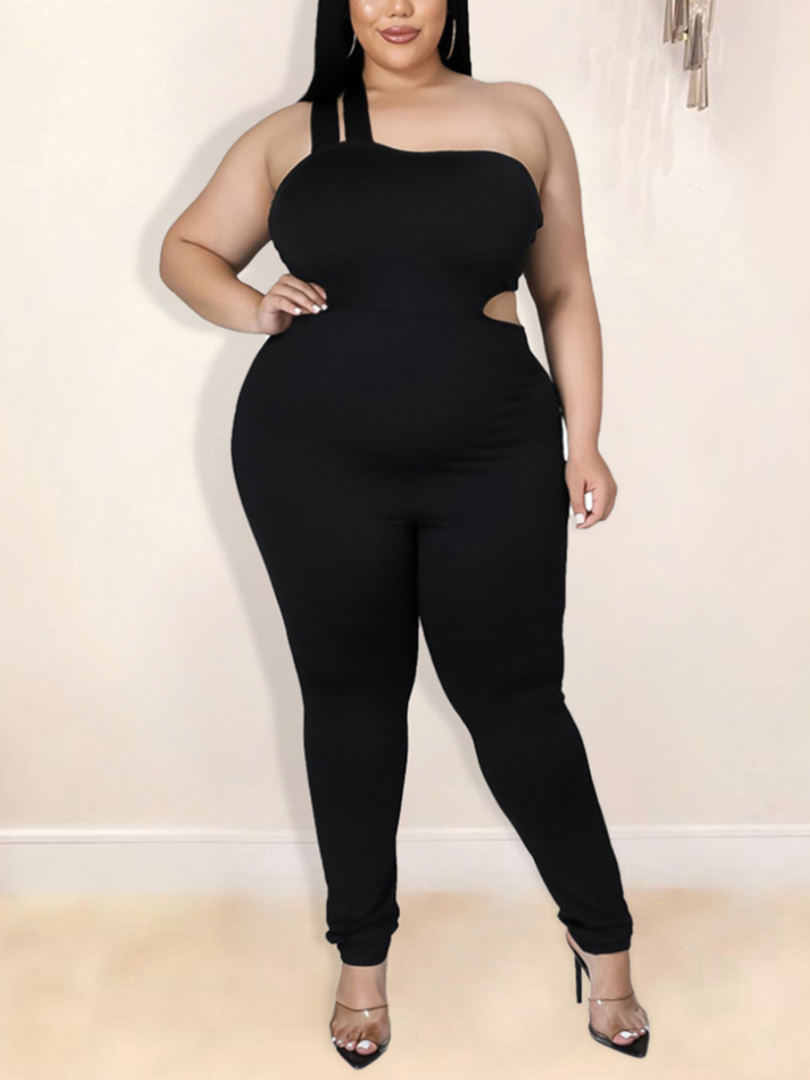 

LW BASICS Plus Size One Shoulder Hollow-out Jumpsuit, Black