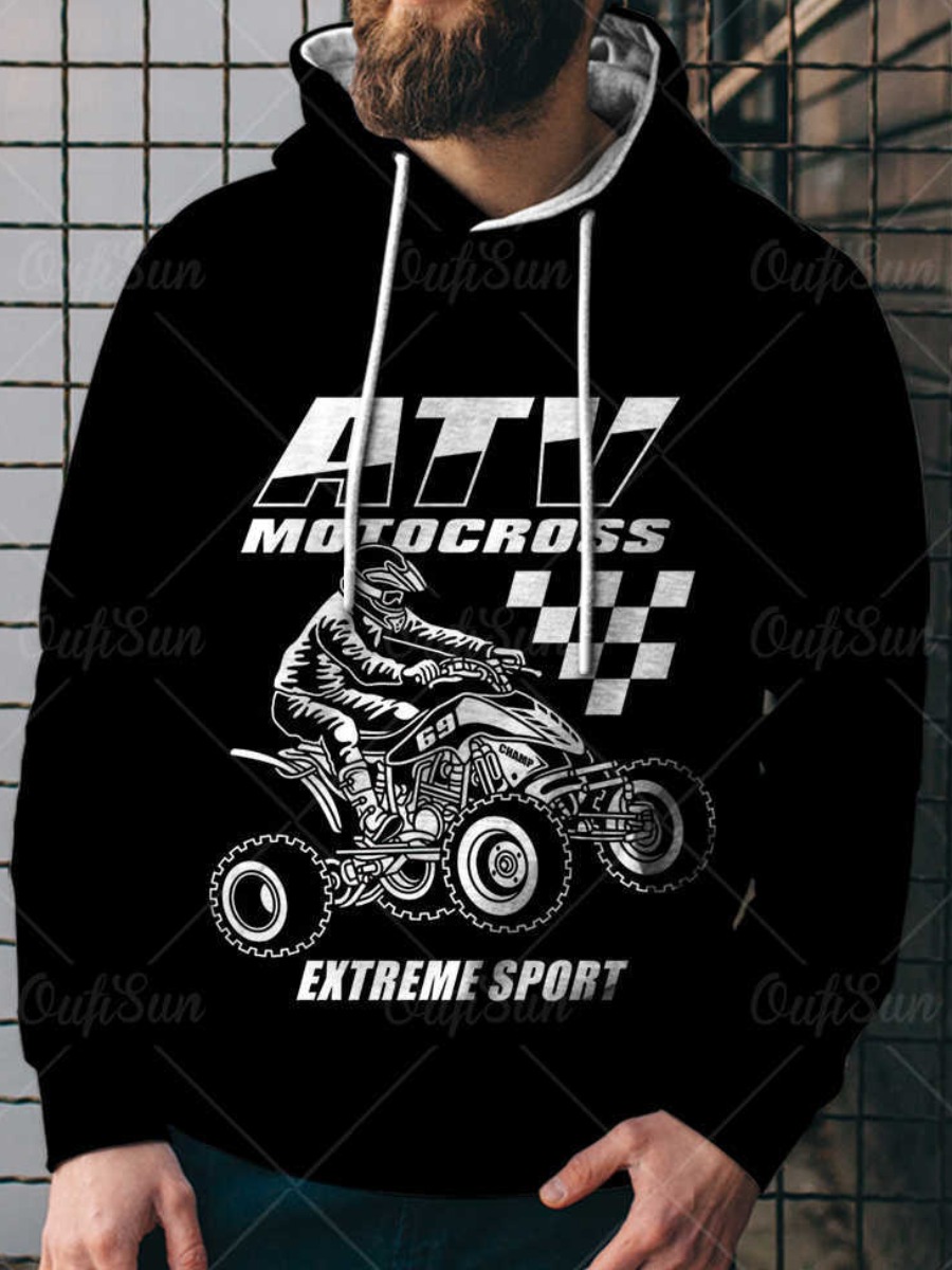 

LW Men Hooded Collar Letter Cartoon Print Hoodie, Black