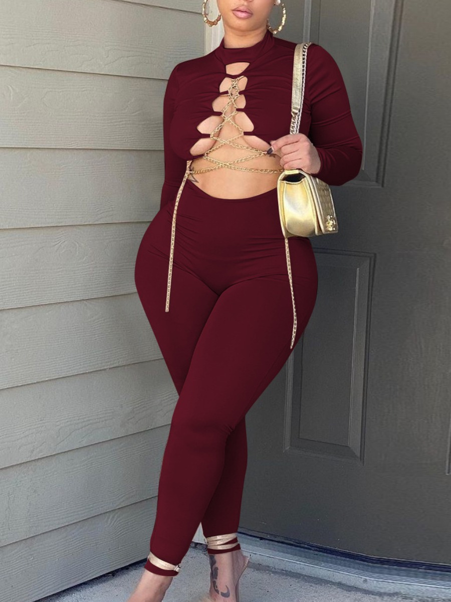 

LW SXY Chain Hollow-out Design Jumpsuit, Wine red