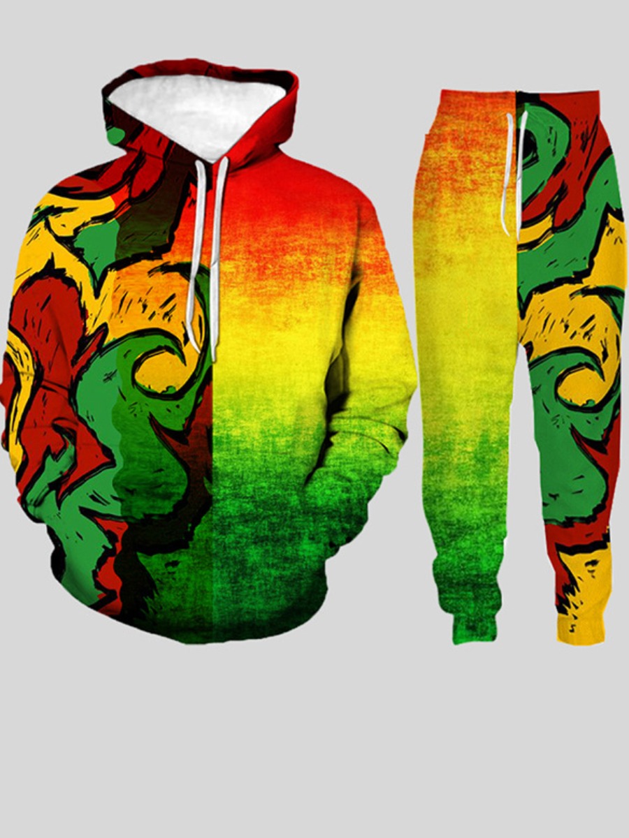 

LW Men Mixed Print Kangaroo Pocket Tracksuit Set, Multi