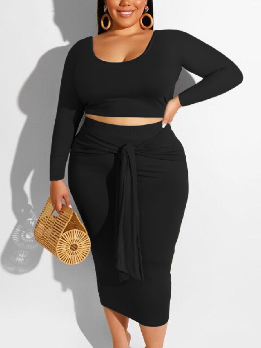 

LW BASIC Plus Size U Neck Bandage Design Skirt Set, Black
