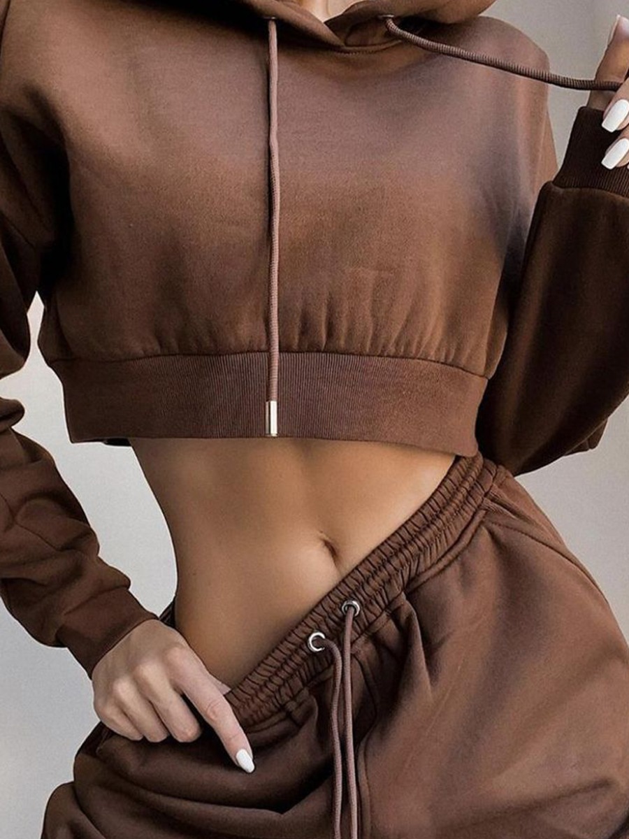

LW BASICS Hooded Collar Drawstring Tracksuit Set, Coffee