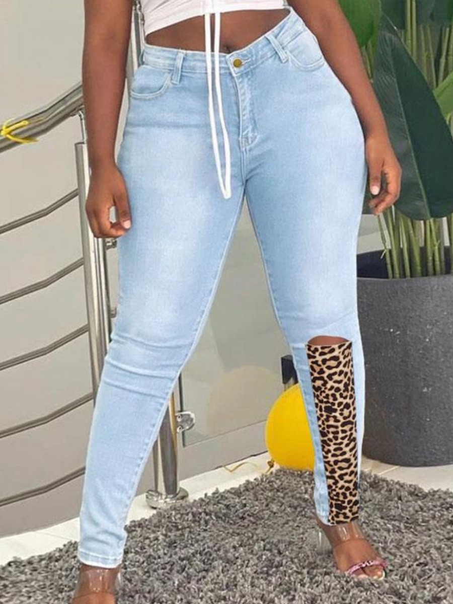 

LW BASICS High-waisted Loepard Print Jeans, Baby blue