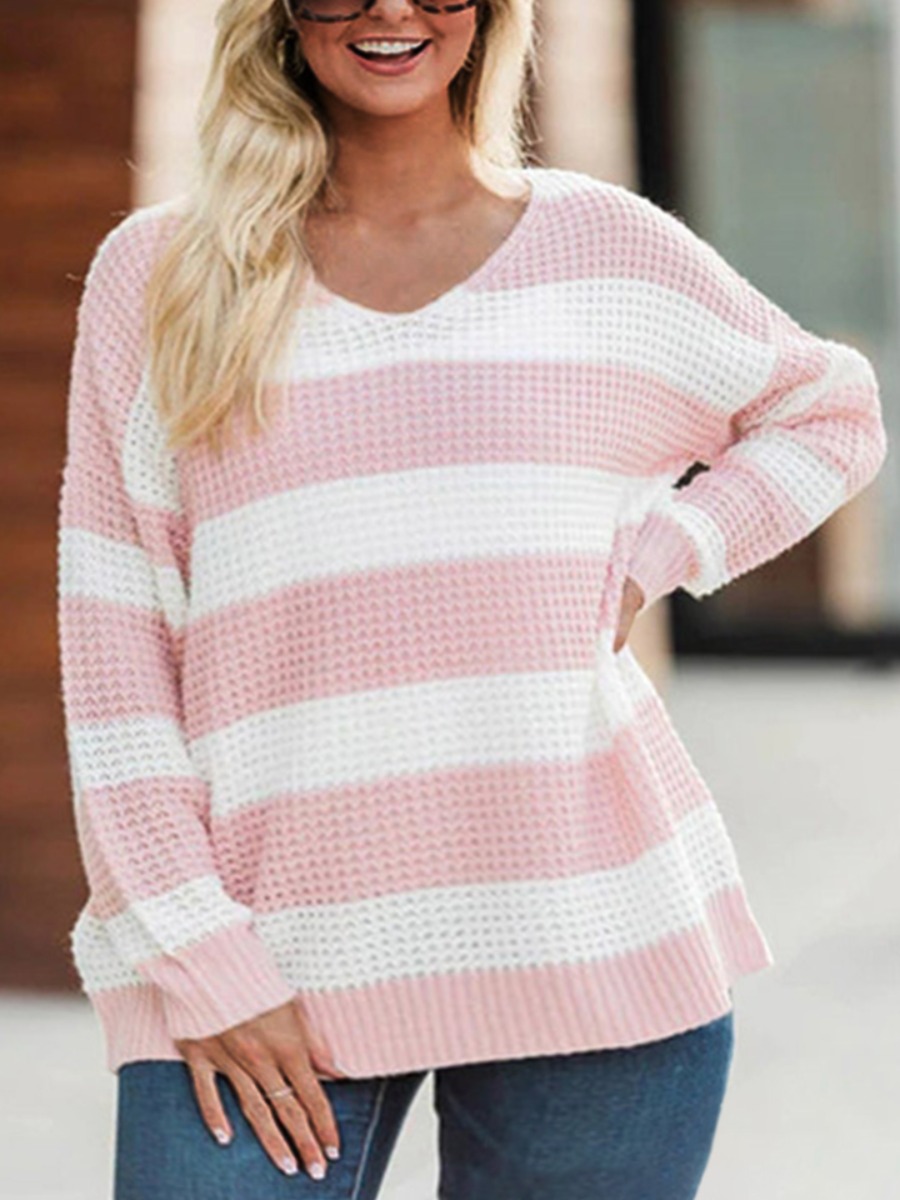 

LW Plus Size V Neck Striped Sweater, Pink