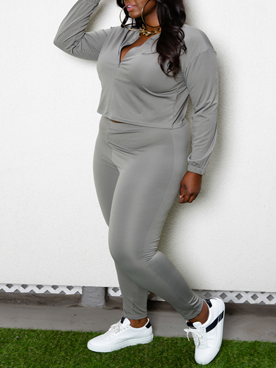 

LW Plus Size Casual Zipper Design Grey Two-piece Pants Set