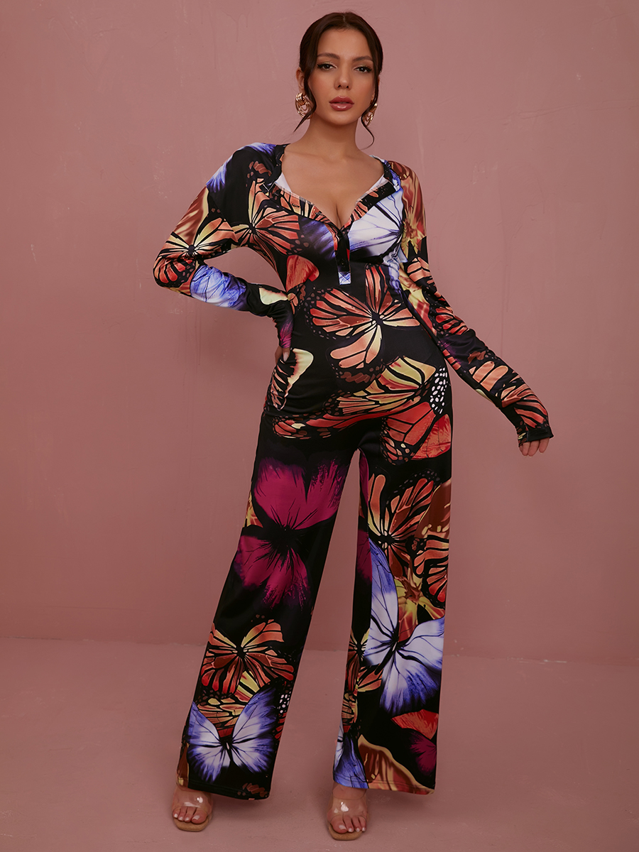 

LW Butterfly Print Wide Leg Jumpsuit, Black