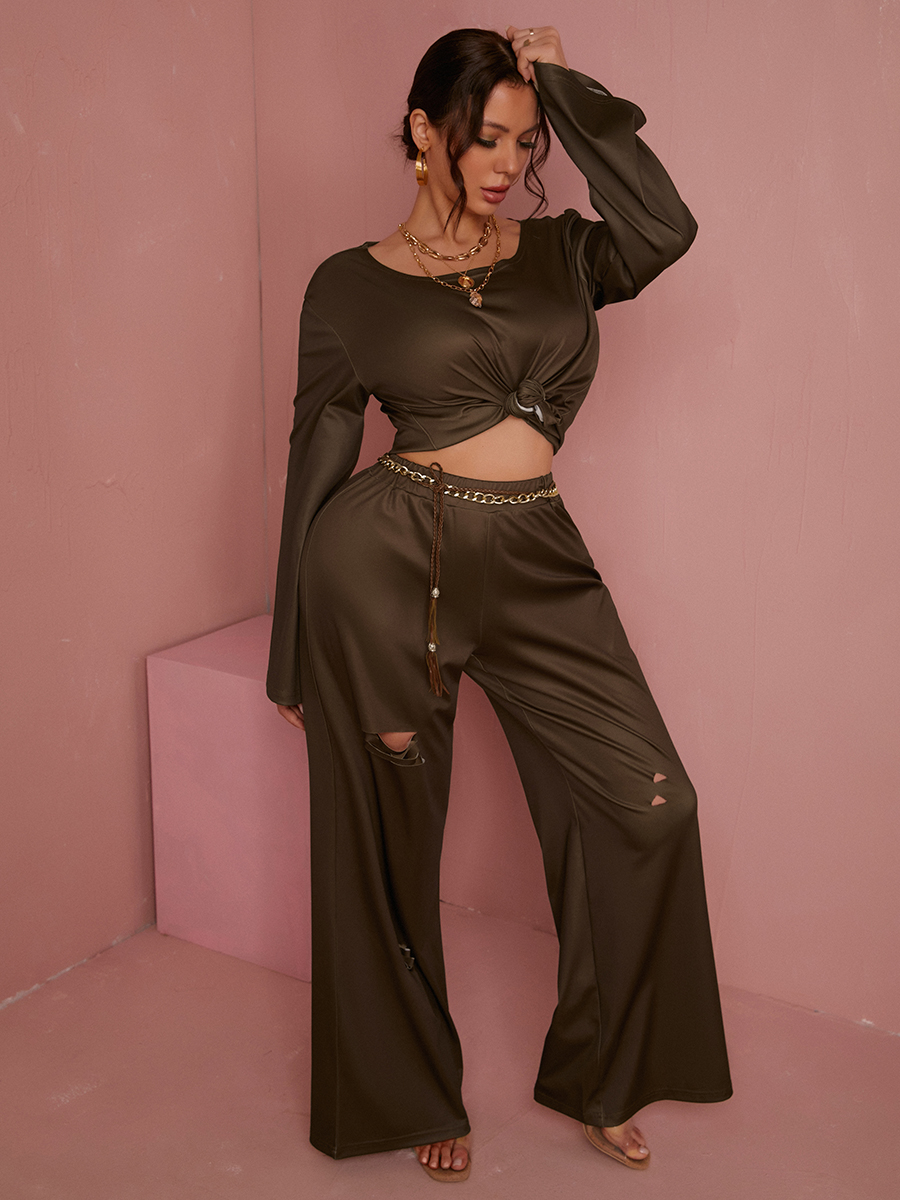 LW Round Neck Ripped Oversized Pants Set