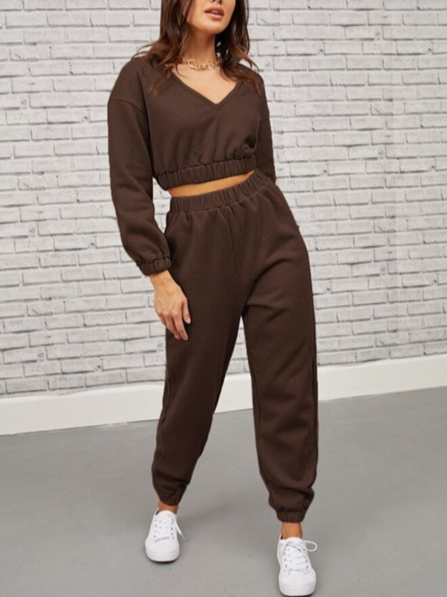 

LW BASICS Pocket Design Crop Top Tracksuit Set, Dark coffee