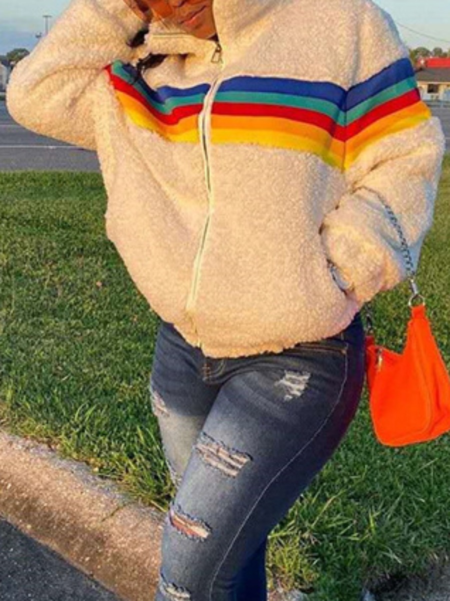 

LW Rainbow Print Pocket Teddy Coat, White