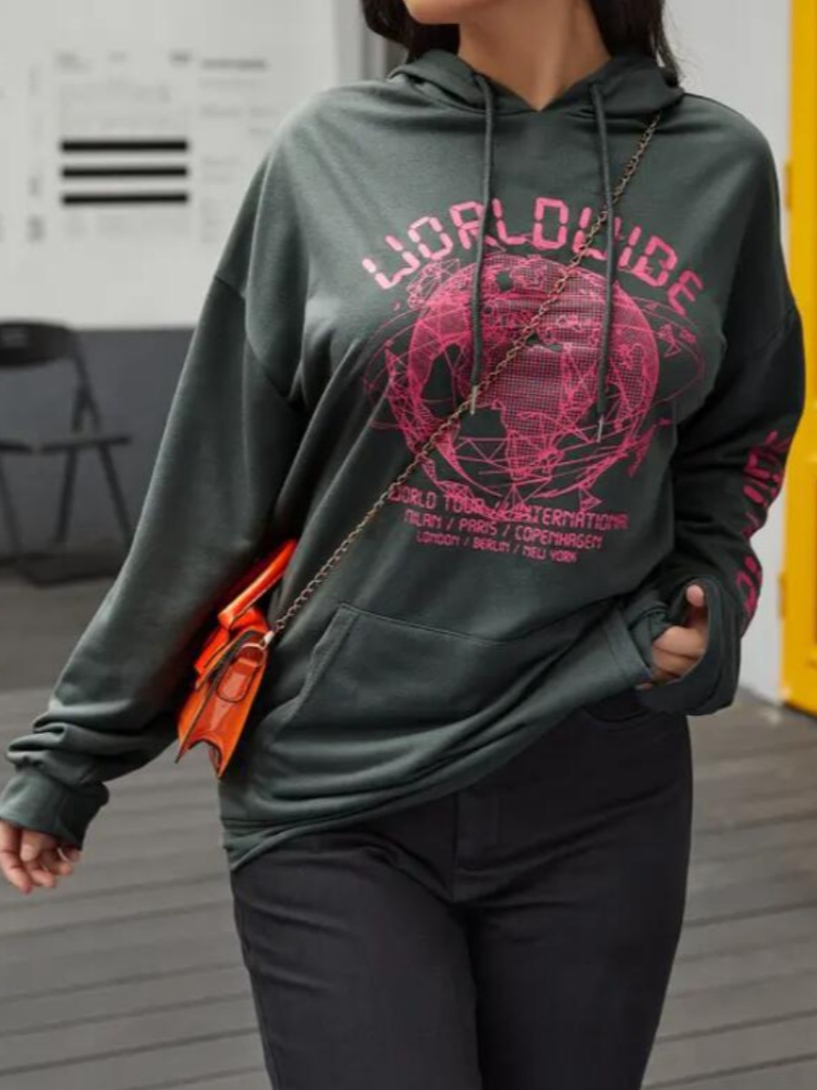 

LW BASICS Letter Print Kangaroo Pocket Hoodie, Grey