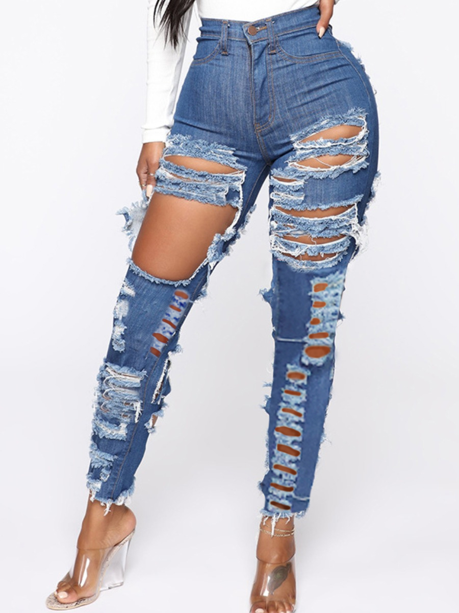 

LW High-waisted Ripped Jeans, Dark blue