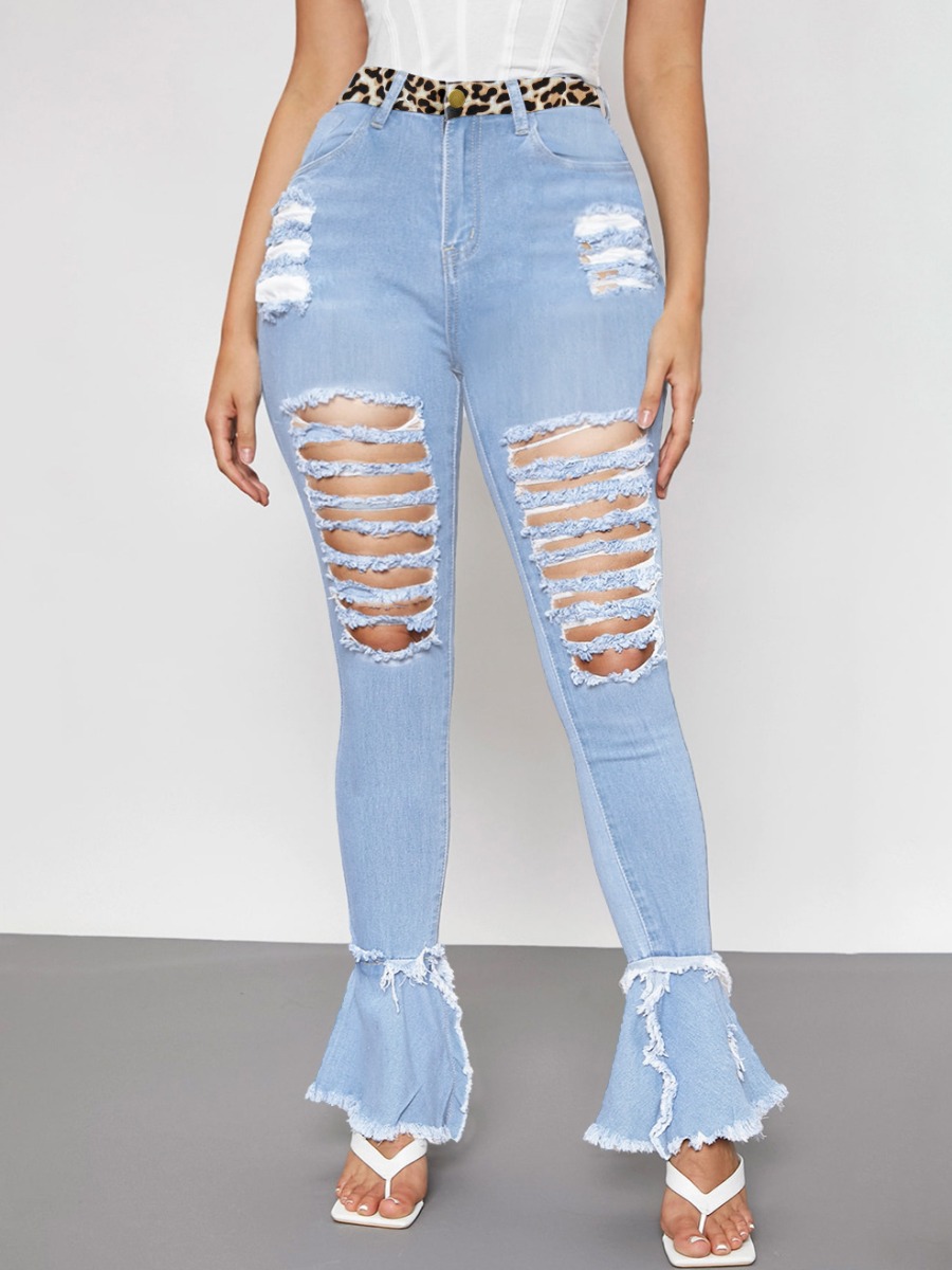 

LW High Stretchy Leopard Print Flared Ripped Jeans, Baby blue