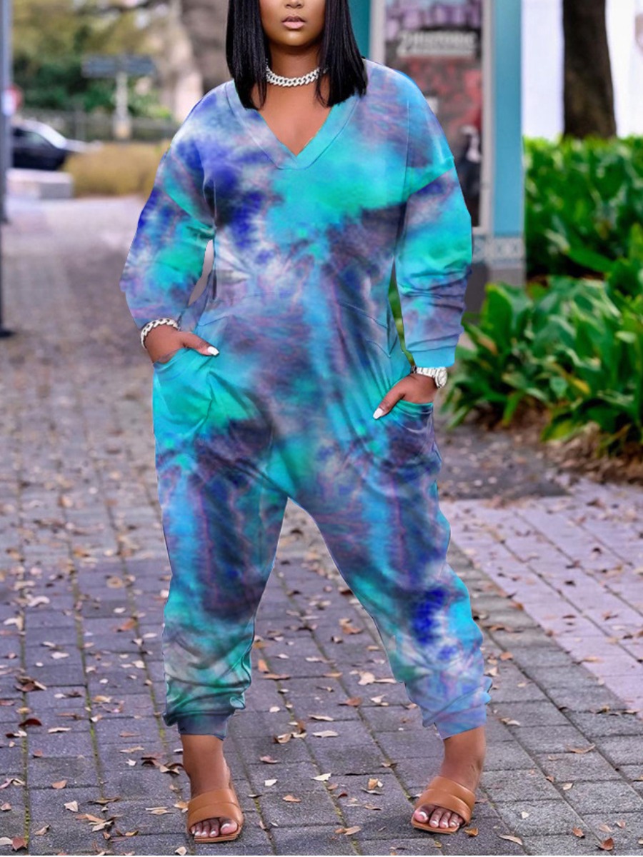 

LW Plus Size V Neck Tie-dye Loose Jumpsuit, Blue