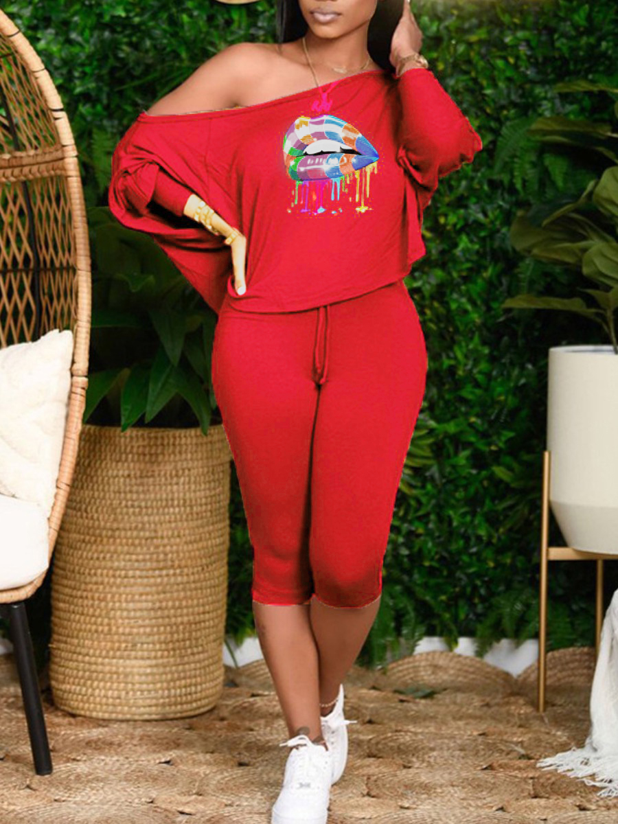 

LW Plus Size Lip Print Loose Pants Set, Wine red