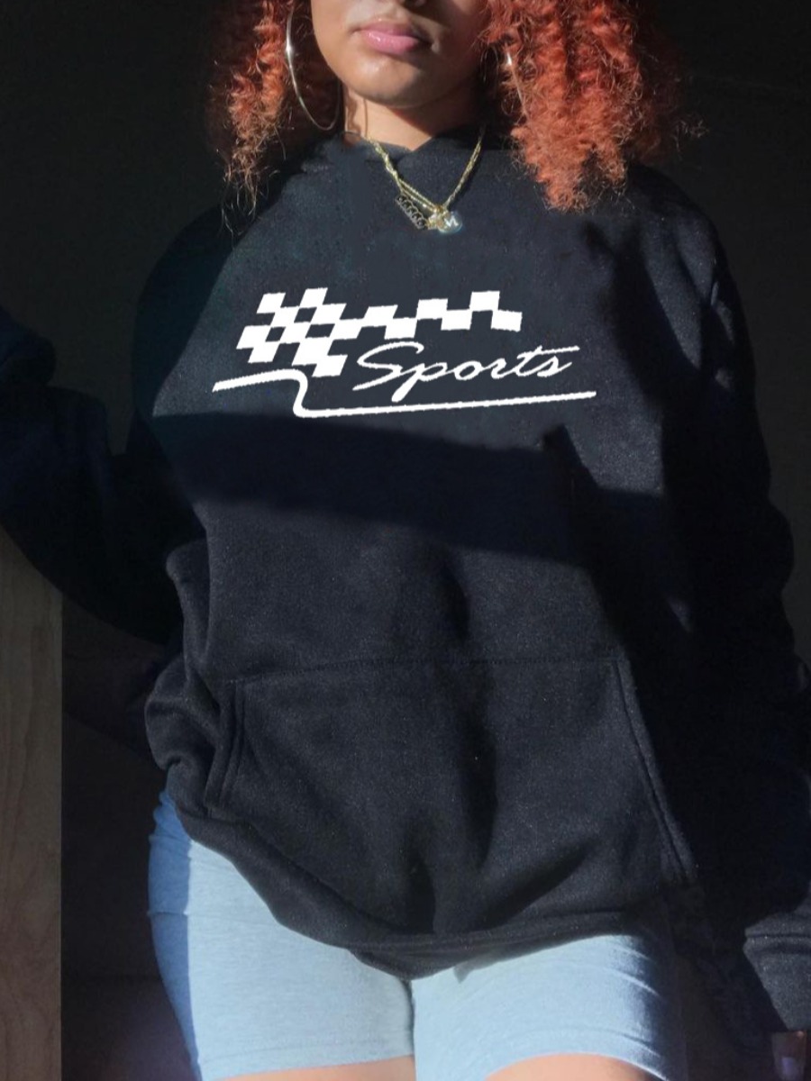 LW BASICS Letter Print Kangaroo Pocket Hoodies