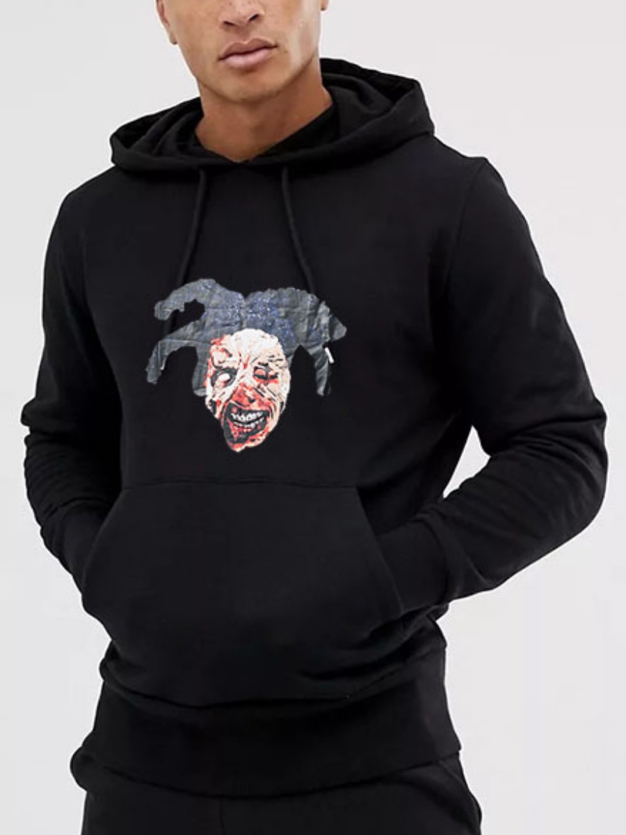 

LW Men Cartoon Print Kangaroo Pocket Hoodie, Black