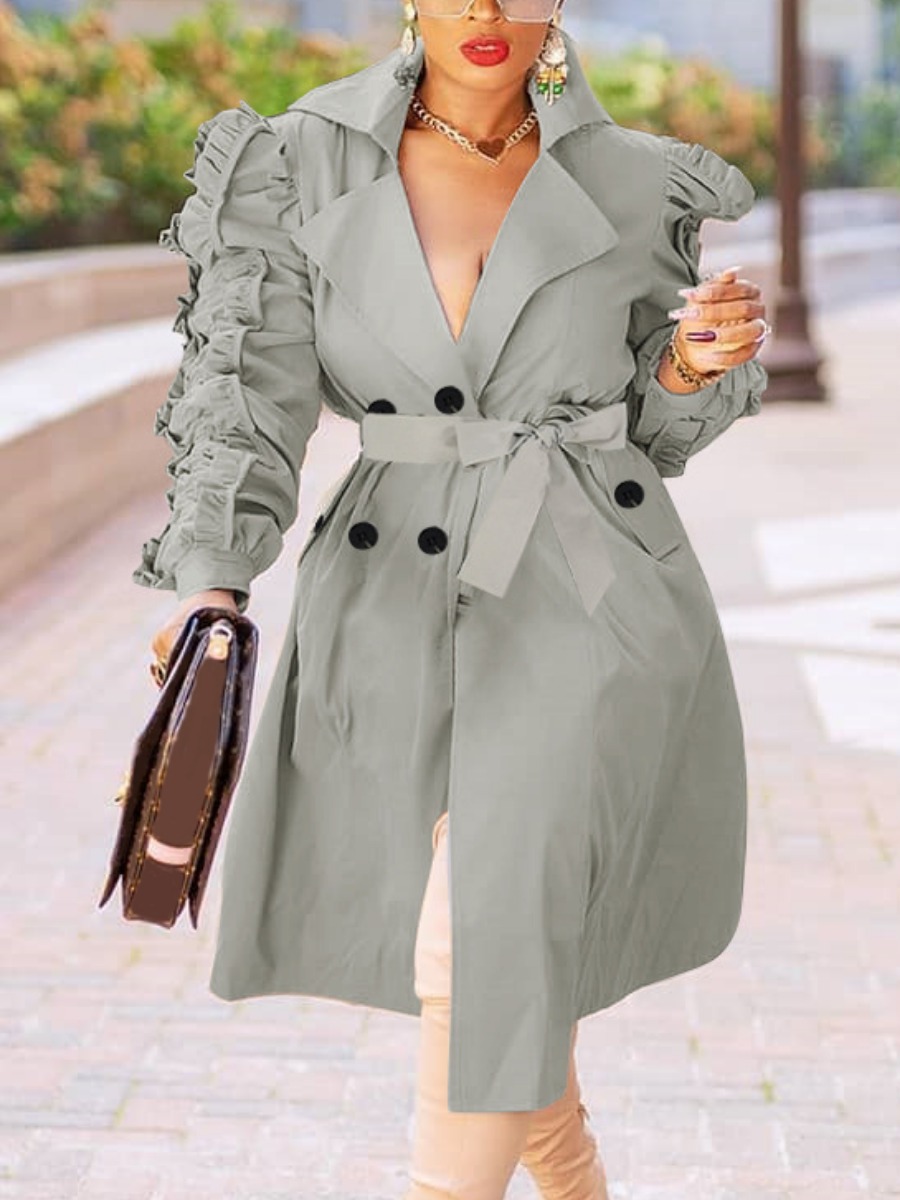 

LW Ruffle Button Design Bandage Trench Coat, Grey