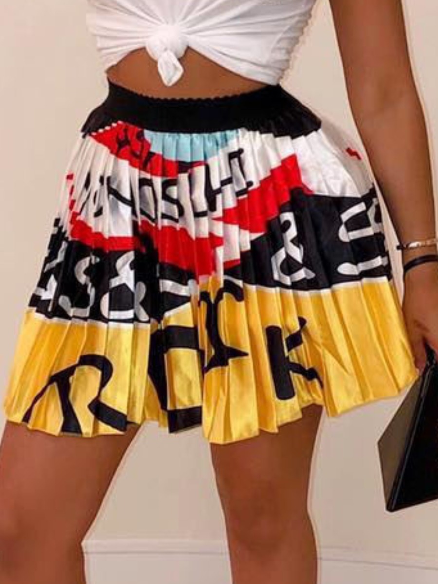 

LW BASICS Letter Print Pleated Skirt, Yellow