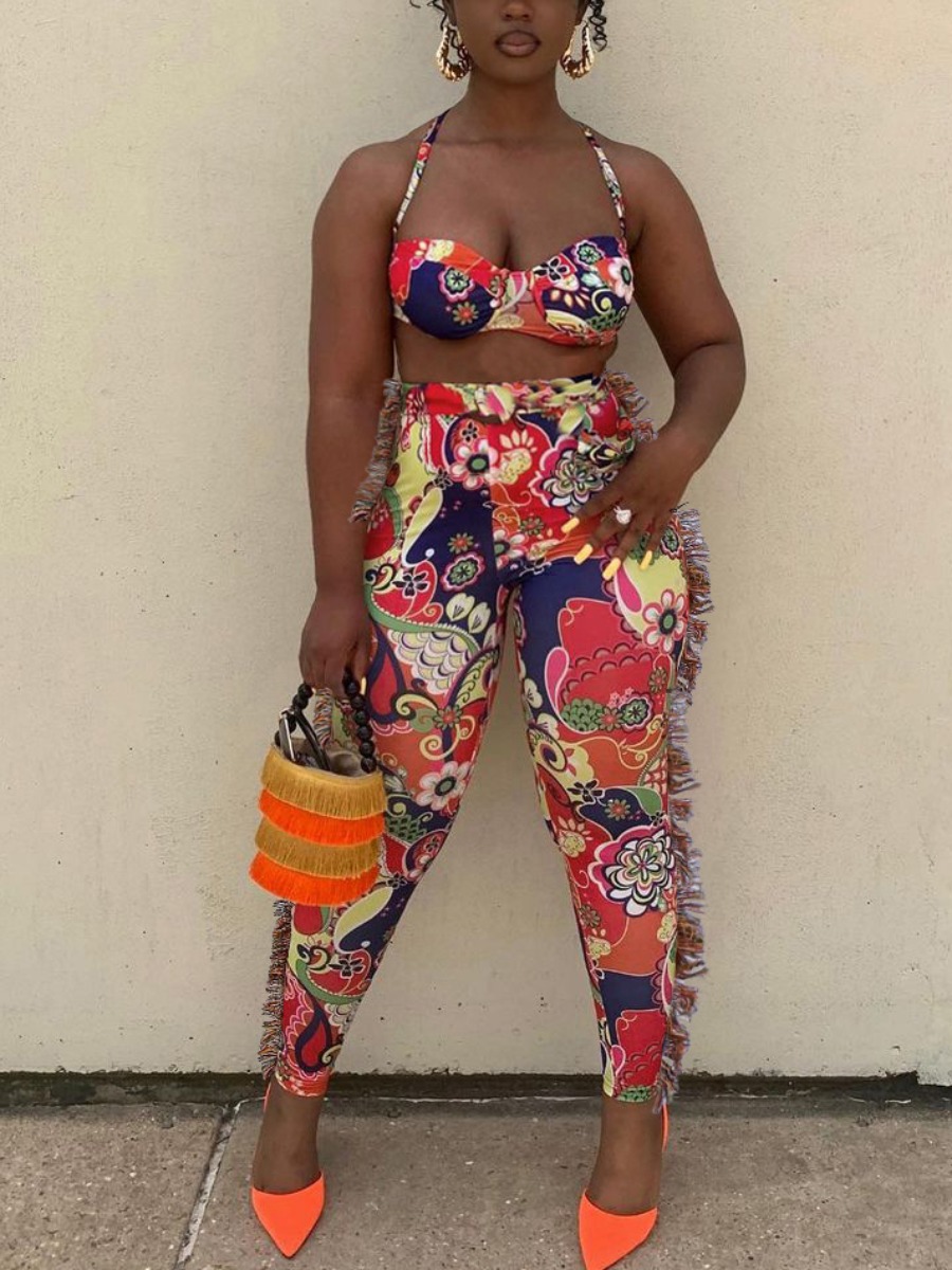 

LW SXY Mixed Print Tassel Design Pants Set, Red