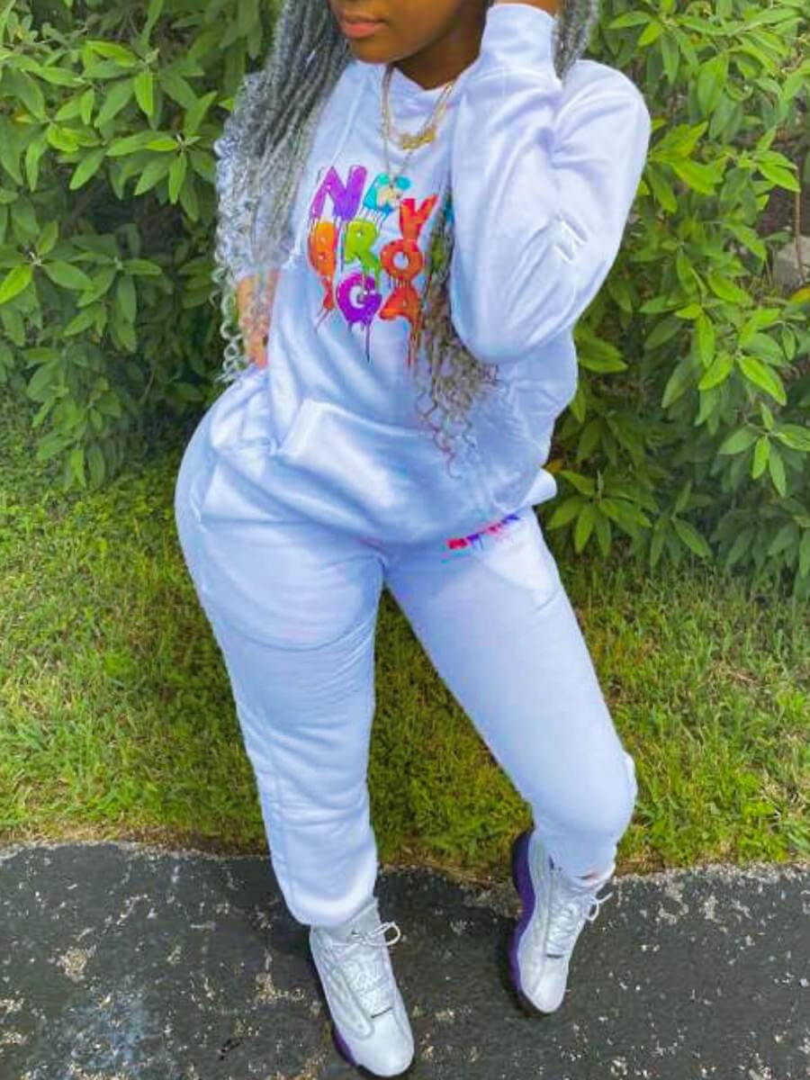 

LW Plus Size Letter Print Kangaroo Pocket Tracksuit Set, White