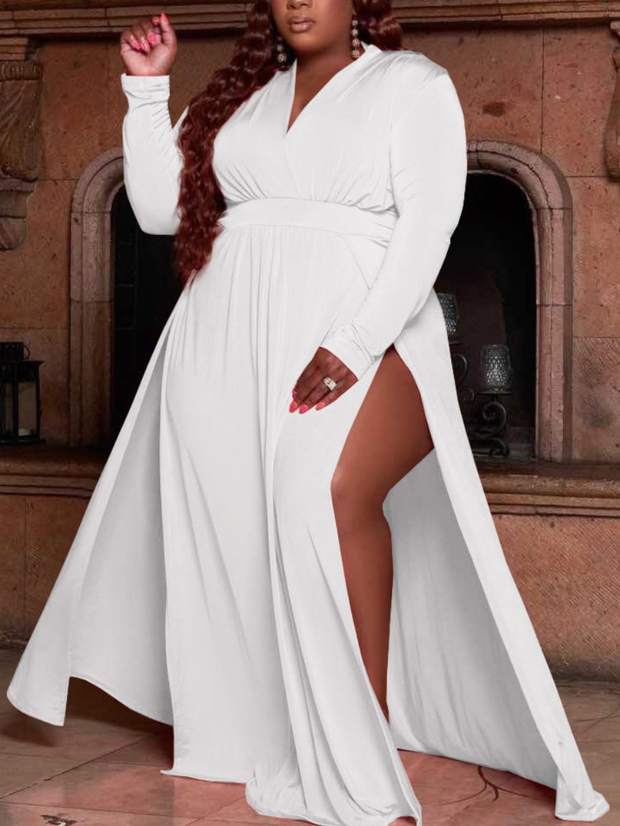 

LW SXY Plus Size V Neck High Split Dress, White