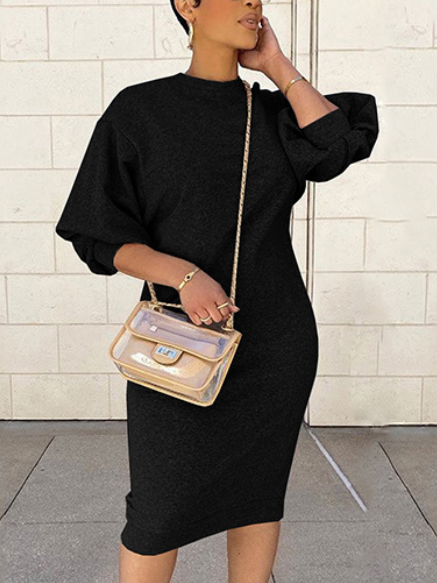 LovelyWholesale BASICS Round Neck Lantern Sleeve Bodycon Dress Summer Casual Basic Round Neck Spring Summer 2024