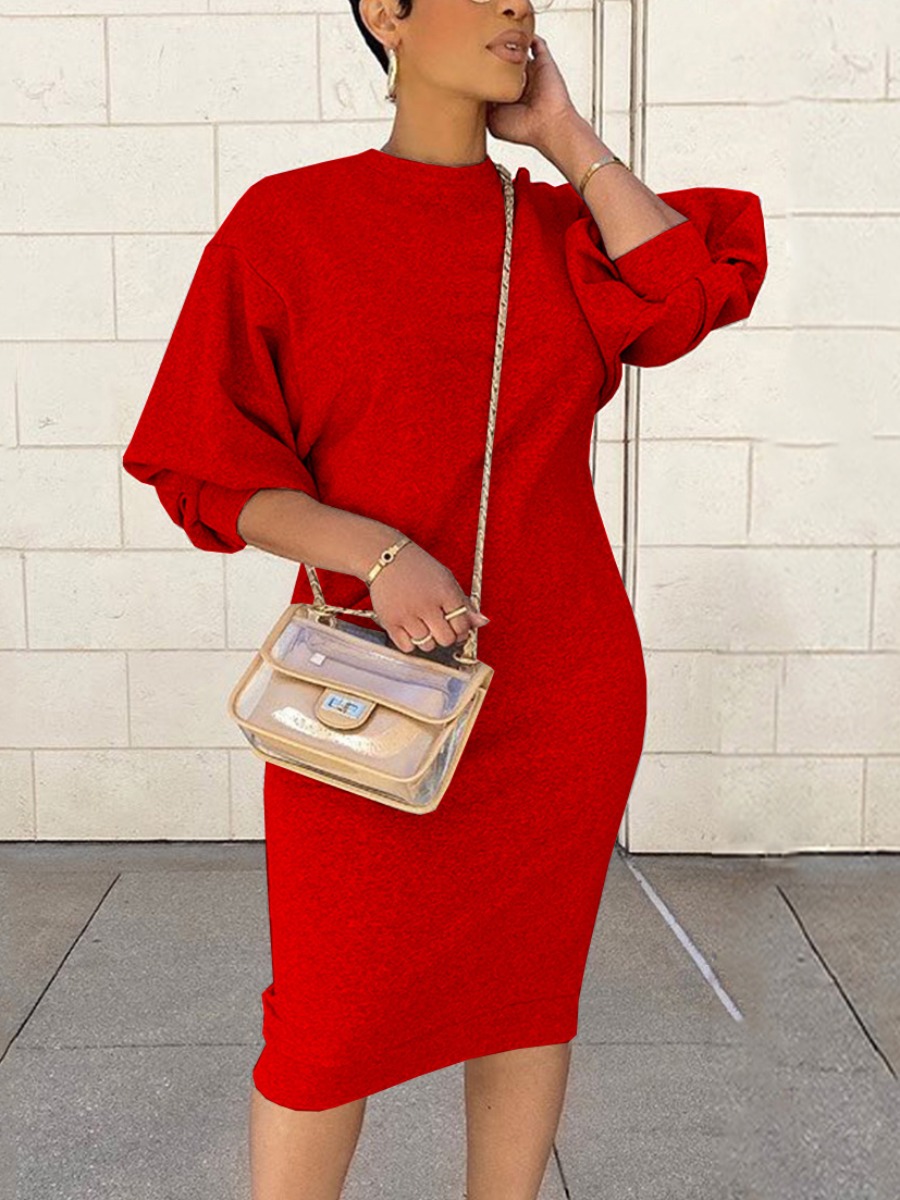 LovelyWholesale BASICS Round Neck Lantern Sleeve Bodycon Dress Summer Three Quarter Casual Basic Round Neck Spring Summer 2024