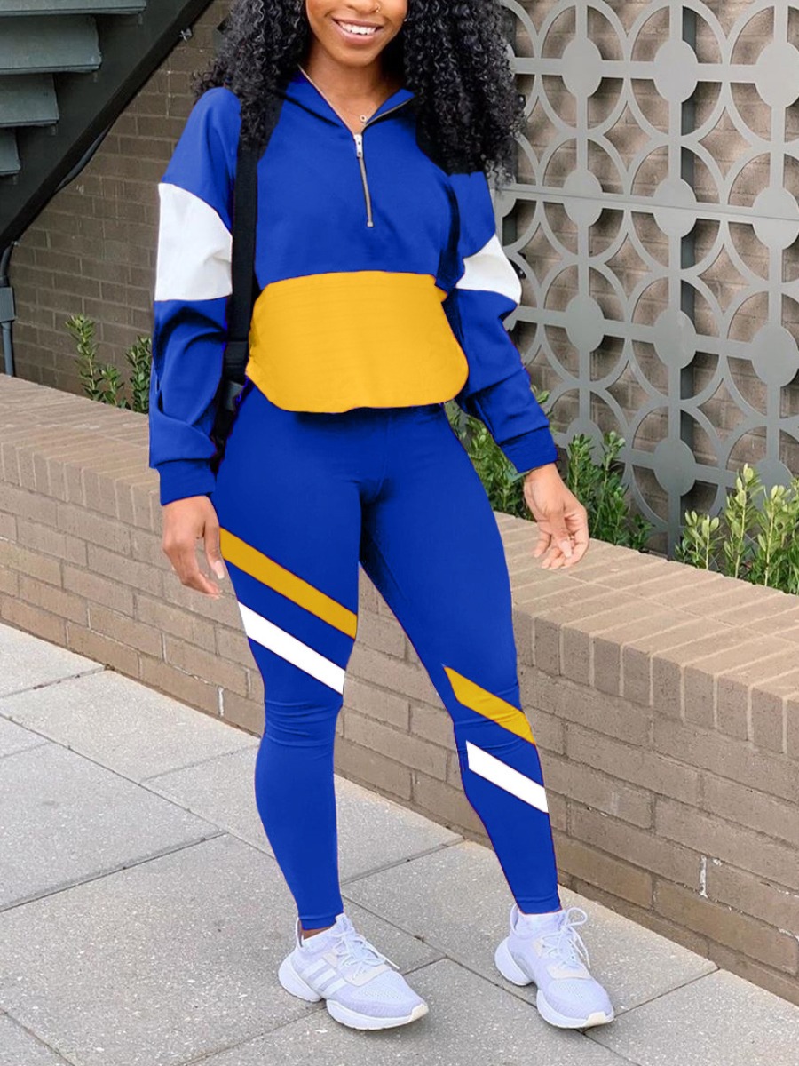 

LW Striped Patchwork Zipper Tracksuit Set, Blue