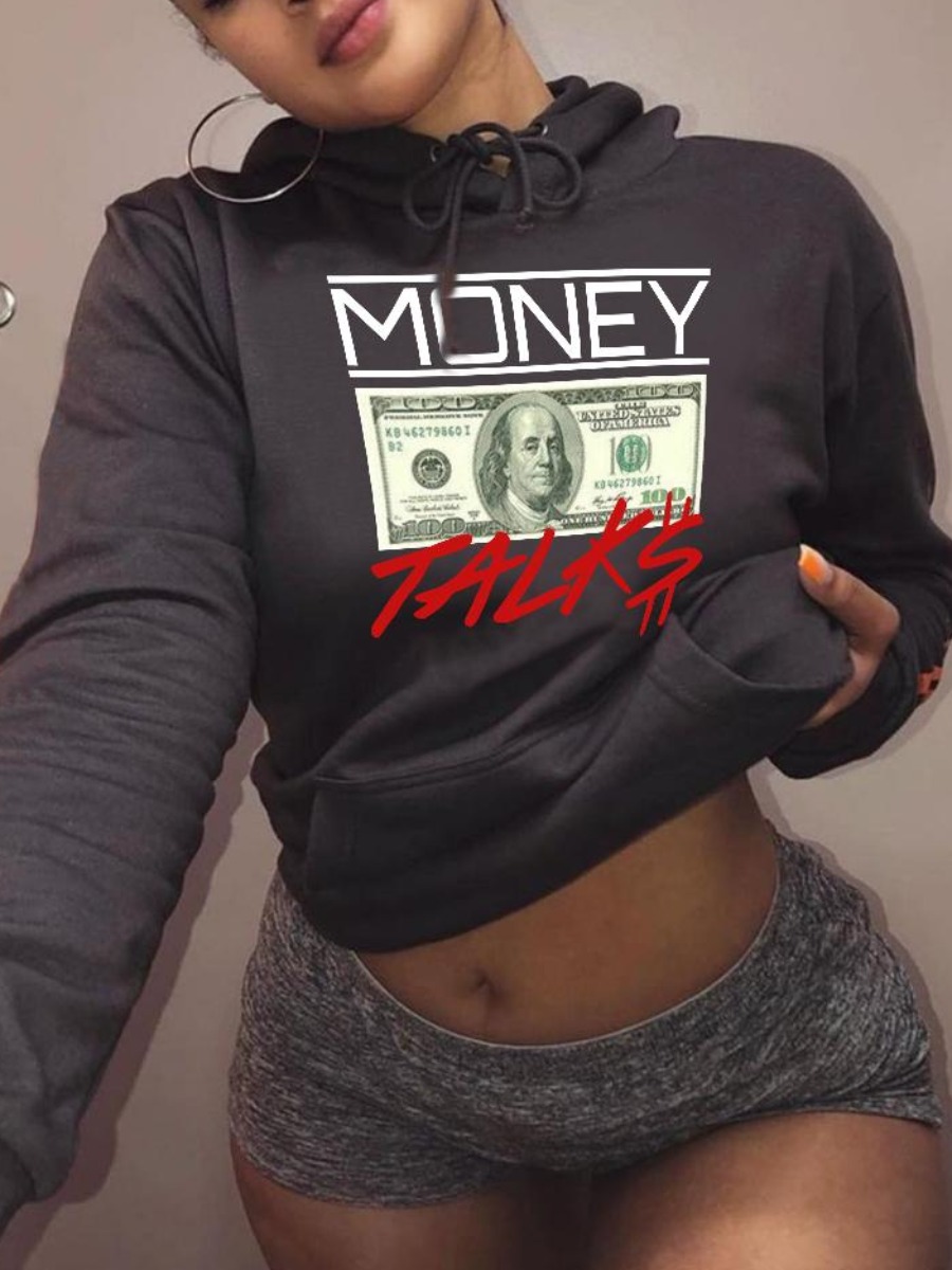 

LW BASICS Letter Money Print Kangaroo Pocket Hoodie, Black