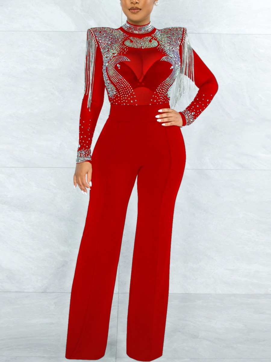 

LW Sequined See-through Tassel Design Jumpsuit, Red