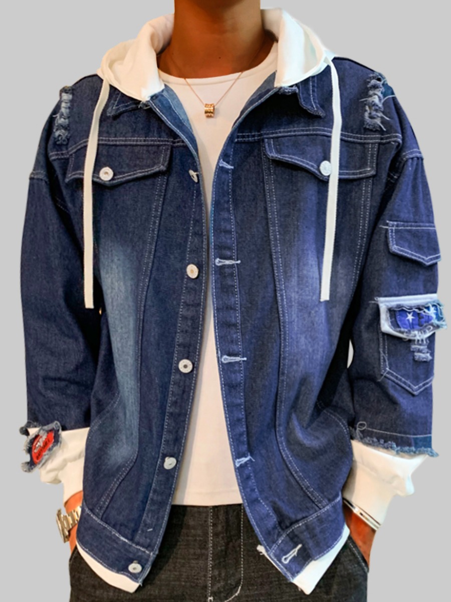 

LW Men Patchwork Ripped Denim Jacket, Deep blue