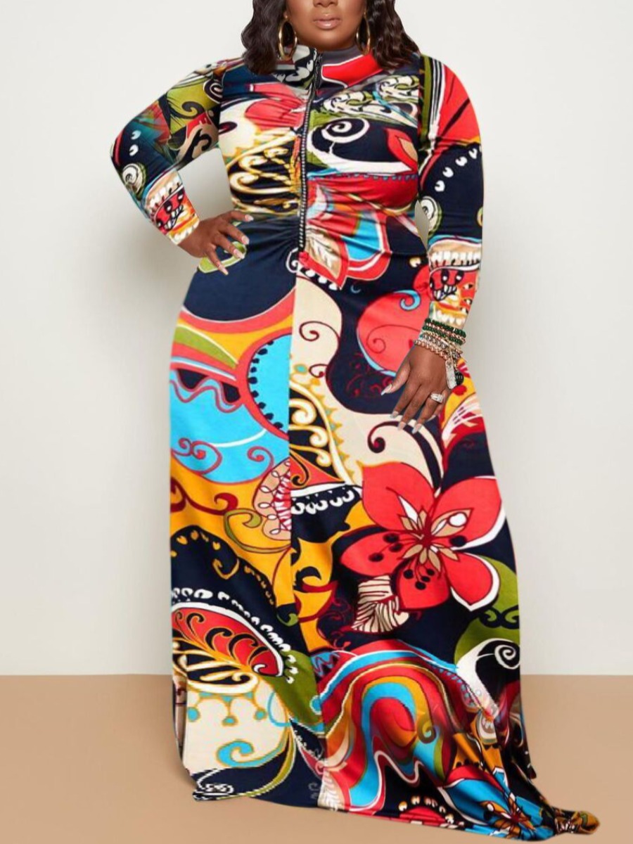 

LW COTTON Plus Size Mixed Print Zipper Asymmetrical Dress, Red