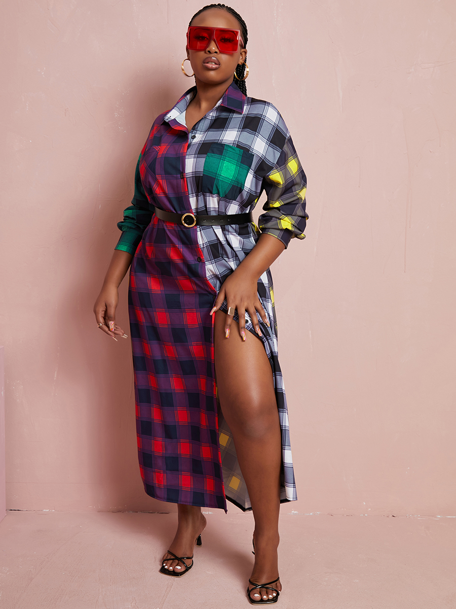 

LW Plus Size Plaid Print Patchwork Shirt Dress, Multicolor lattices