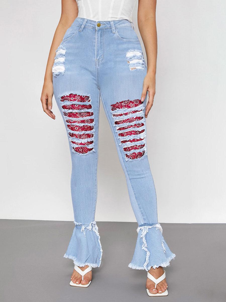 

LW High Stretchy Ripped Raw Edge Flared Jeans, Baby blue