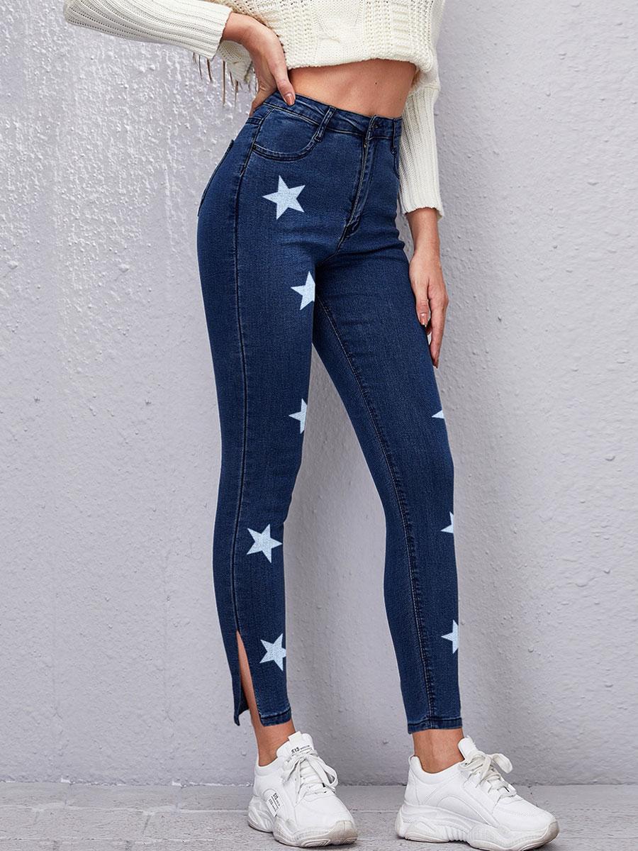 

LW Star Print Slit Jeans, Deep blue