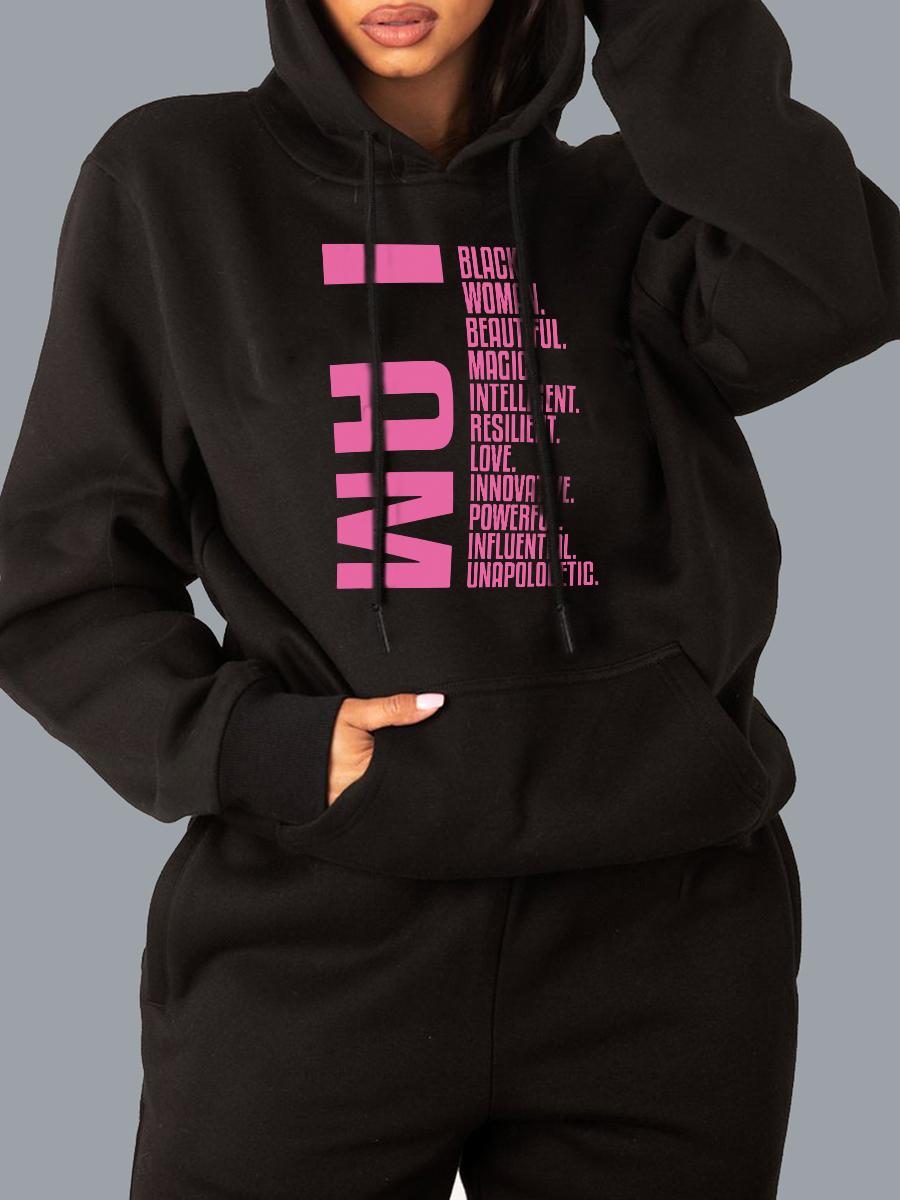 

LW Plus Size Letter Print Kangaroo Pocket Hoodie, Black