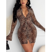 LW Leopard Print Flared Bodycon Shirt Dress