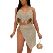 LW SXY Side High Slit Gold Skirt Set