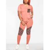LW Casual V Neck Print Patchwork Pink Two Piece Pa