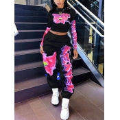 LW O Neck Print Crop Top Tracksuit Set